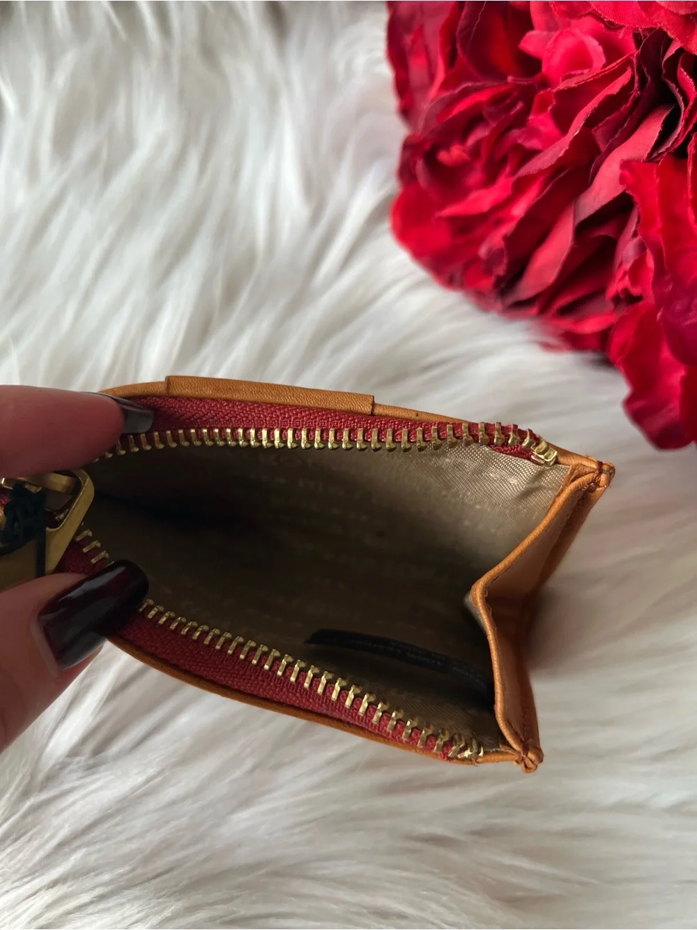 Margot New York Tan Leather Card Wallet with Red & Navy Center Stripe